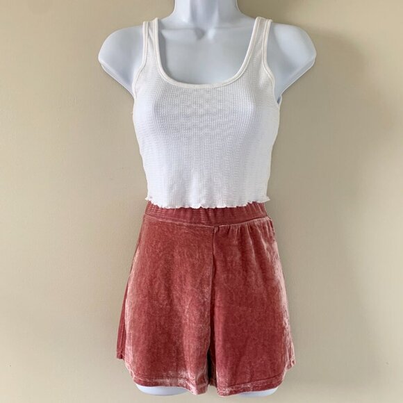 Women's Shorts Crushed Velvet Velour High Rise Waist Elastic waistband Rose Pink - Picture 11 of 14